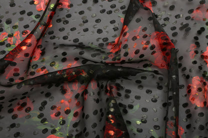 Natural Silk Organza Jacquard With Polka Dots And Floral Patterns In Black With Semi-Lustrous Lurex