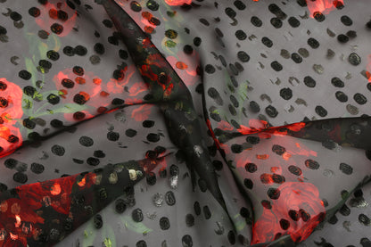 Natural Silk Organza Jacquard With Polka Dots And Floral Patterns In Black With Semi-Lustrous Lurex